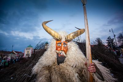 MOHACS, HUNGARY - FEBRUARY 17: Unidentified people in mask participants at the Mohacsi Busojaras, it is a carnival for spring greetings) February 17, 2015 in Mohacs, Hungary.-stock-photo