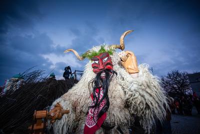 MOHACS, HUNGARY - FEBRUARY 17: Unidentified people in mask participants at the Mohacsi Busojaras, it is a carnival for spring greetings) February 17, 2015 in Mohacs, Hungary.-stock-photo