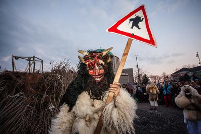 MOHACS, HUNGARY - FEBRUARY 17: Unidentified people in mask participants at the Mohacsi Busojaras, it is a carnival for spring greetings) February 17, 2015 in Mohacs, Hungary.-stock-photo