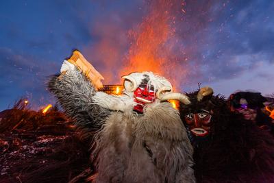 MOHACS, HUNGARY - FEBRUARY 17: Unidentified people in mask participants at the Mohacsi Busojaras, it is a carnival for spring greetings) February 17, 2015 in Mohacs, Hungary.-stock-photo