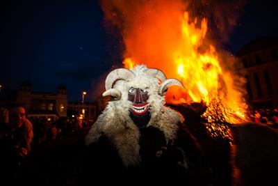 MOHACS, HUNGARY - FEBRUARY 17: Unidentified people in mask participants at the Mohacsi Busojaras, it is a carnival for spring greetings) February 17, 2015 in Mohacs, Hungary.-stock-photo