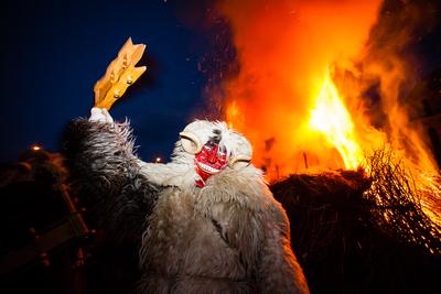 MOHACS, HUNGARY - FEBRUARY 17: Unidentified people in mask participants at the Mohacsi Busojaras, it is a carnival for spring greetings) February 17, 2015 in Mohacs, Hungary.-stock-photo