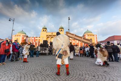 MOHACS, HUNGARY - FEBRUARY 17: Unidentified people in mask participants at the Mohacsi Busojaras, it is a carnival for spring greetings) February 17, 2015 in Mohacs, Hungary.-stock-photo