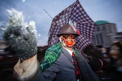 MOHACS, HUNGARY - FEBRUARY 17: Unidentified people in mask participants at the Mohacsi Busojaras, it is a carnival for spring greetings) February 17, 2015 in Mohacs, Hungary.-stock-photo