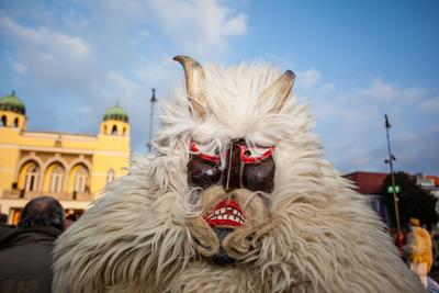 MOHACS, HUNGARY - FEBRUARY 17: Unidentified people in mask participants at the Mohacsi Busojaras, it is a carnival for spring greetings) February 17, 2015 in Mohacs, Hungary.-stock-photo