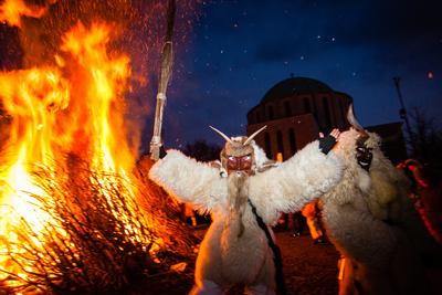 MOHACS, HUNGARY - FEBRUARY 17: Unidentified people in mask participants at the Mohacsi Busojaras, it is a carnival for spring greetings) February 17, 2015 in Mohacs, Hungary.-stock-photo