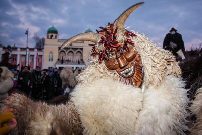 MOHACS, HUNGARY - FEBRUARY 17: Unidentified people in mask participants at the Mohacsi Busojaras, it is a carnival for spring greetings) February 17, 2015 in Mohacs, Hungary.-stock-photo