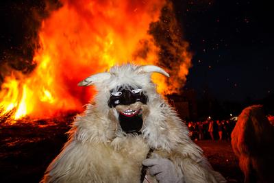 MOHACS, HUNGARY - FEBRUARY 17: Unidentified people in mask participants at the Mohacsi Busojaras, it is a carnival for spring greetings) February 17, 2015 in Mohacs, Hungary.-stock-photo