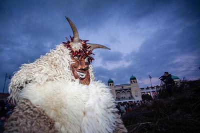 MOHACS, HUNGARY - FEBRUARY 17: Unidentified people in mask participants at the Mohacsi Busojaras, it is a carnival for spring greetings) February 17, 2015 in Mohacs, Hungary.-stock-photo