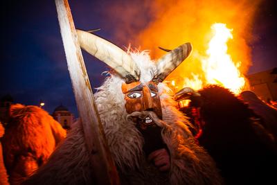 MOHACS, HUNGARY - FEBRUARY 17: Unidentified people in mask participants at the Mohacsi Busojaras, it is a carnival for spring greetings) February 17, 2015 in Mohacs, Hungary.-stock-photo