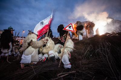 MOHACS, HUNGARY - FEBRUARY 17: Unidentified people in mask participants at the Mohacsi Busojaras, it is a carnival for spring greetings) February 17, 2015 in Mohacs, Hungary.-stock-photo