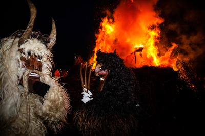 MOHACS, HUNGARY - FEBRUARY 17: Unidentified people in mask participants at the Mohacsi Busojaras, it is a carnival for spring greetings) February 17, 2015 in Mohacs, Hungary.-stock-photo