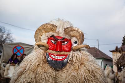 MOHACS, HUNGARY - FEBRUARY 17: Unidentified people in mask participants at the Mohacsi Busojaras, it is a carnival for spring greetings) February 17, 2015 in Mohacs, Hungary.-stock-photo