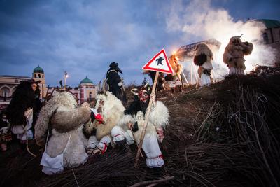 MOHACS, HUNGARY - FEBRUARY 17: Unidentified people in mask participants at the Mohacsi Busojaras, it is a carnival for spring greetings) February 17, 2015 in Mohacs, Hungary.-stock-photo