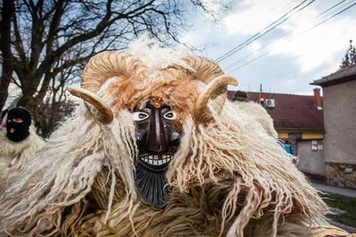 MOHACS, HUNGARY - FEBRUARY 17: Unidentified people in mask participants at the Mohacsi Busojaras, it is a carnival for spring greetings) February 17, 2015 in Mohacs, Hungary.-stock-photo