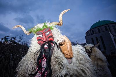 MOHACS, HUNGARY - FEBRUARY 17: Unidentified people in mask participants at the Mohacsi Busojaras, it is a carnival for spring greetings) February 17, 2015 in Mohacs, Hungary.-stock-photo