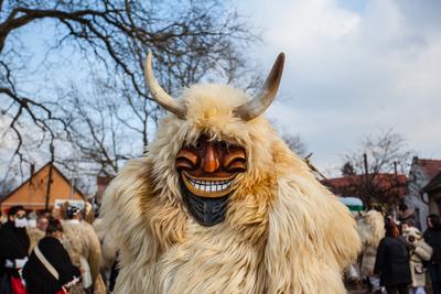 MOHACS, HUNGARY - FEBRUARY 17: Unidentified people in mask participants at the Mohacsi Busojaras, it is a carnival for spring greetings) February 17, 2015 in Mohacs, Hungary.-stock-photo