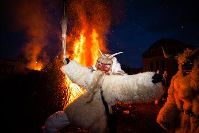 MOHACS, HUNGARY - FEBRUARY 17: Unidentified people in mask participants at the Mohacsi Busojaras, it is a carnival for spring greetings) February 17, 2015 in Mohacs, Hungary.-stock-photo