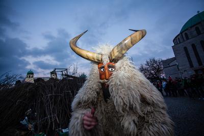 MOHACS, HUNGARY - FEBRUARY 17: Unidentified people in mask participants at the Mohacsi Busojaras, it is a carnival for spring greetings) February 17, 2015 in Mohacs, Hungary.-stock-photo