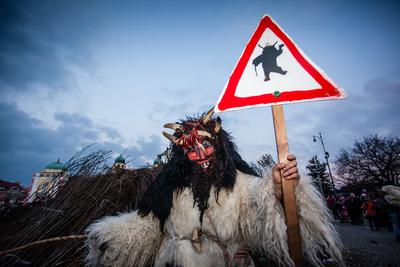 MOHACS, HUNGARY - FEBRUARY 17: Unidentified people in mask participants at the Mohacsi Busojaras, it is a carnival for spring greetings) February 17, 2015 in Mohacs, Hungary.-stock-photo