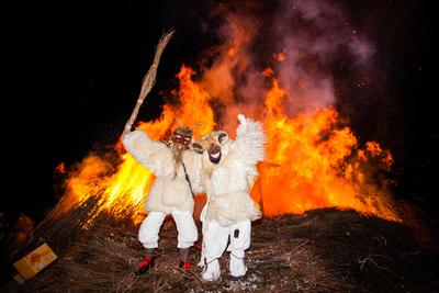 MOHACS, HUNGARY - FEBRUARY 17: Unidentified people in mask participants at the Mohacsi Busojaras, it is a carnival for spring greetings) February 17, 2015 in Mohacs, Hungary.-stock-photo