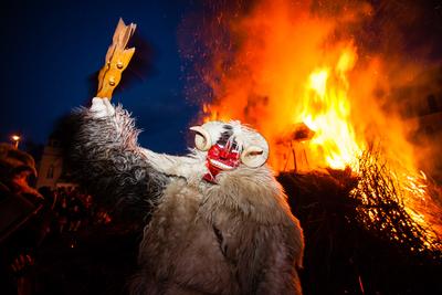 MOHACS, HUNGARY - FEBRUARY 17: Unidentified people in mask participants at the Mohacsi Busojaras, it is a carnival for spring greetings) February 17, 2015 in Mohacs, Hungary.-stock-photo