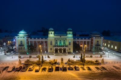 Varoshaza in Mohacs main squere with snow-stock-photo