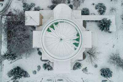 Churc in Mohacs main squere with snow-stock-photo