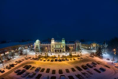 Varoshaza in Mohacs main squere with snow-stock-photo