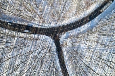 road with snowy forest in Hungary-stock-photo