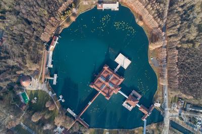 Aerial photo of thermal lake in Heviz, Hungary-stock-photo