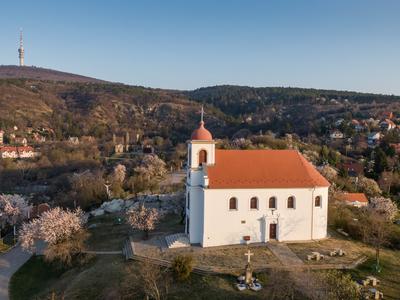 Chapel in Havihegy, Pecs, Hungary with the Tree of the Year-stock-foto