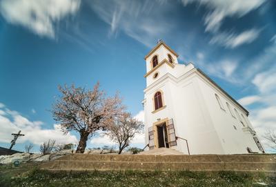Chapel in Havihegy, Pecs, Hungary with the Tree of the Year, long exposure photo-stock-photo