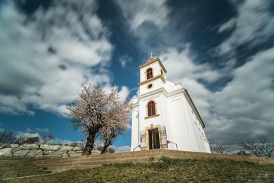 Chapel in Havihegy, Pecs, Hungary with the Tree of the Year, long exposure photo-stock-photo