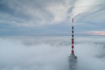 TV tower with cloudy and foggy sky-stock-photo