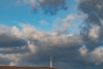 TV tower in Pecs, Hungary with cloudy sky-stock-foto