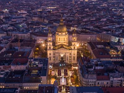 St. Stephen's Basilica in Budapest Hungary at night-stock-photo