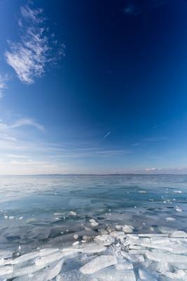 frozen lake Balaton with beautiful sky-stock-photo