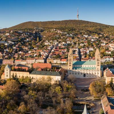 Pecs, Szekesegyhaz. Bird eye view-stock-foto