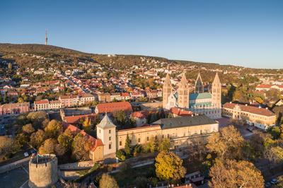 Pecs, Szekesegyhaz. Bird eye view-stock-foto