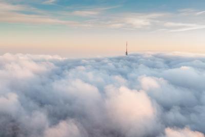 TV tower with cloudy and foggy sky-stock-photo