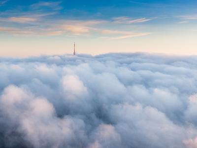 TV tower with cloudy and foggy sky-stock-photo