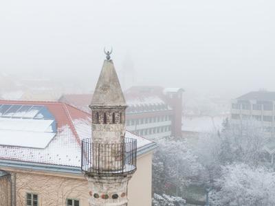 Mosque with a minaret in Pecs, Hungary at winter-stock-foto