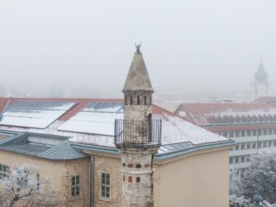 Mosque with a minaret in Pecs, Hungary at winter-stock-foto