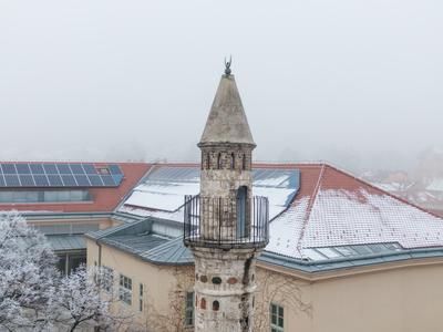 Mosque with a minaret in Pecs, Hungary at winter-stock-foto