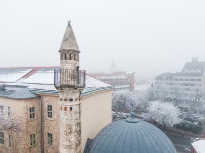 Mosque with a minaret in Pecs, Hungary at winter-stock-foto