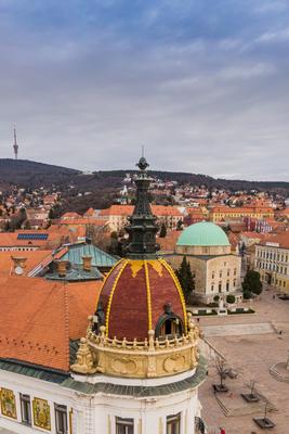 Aerial view of Pecs, Hungary with colorful rooftop of Megyehaza building-stock-photo