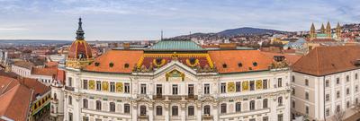 Panoramic view of Megyehaza building in Pecs, Hungary-stock-photo