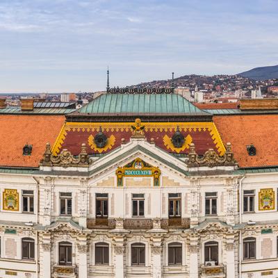 Panoramic view of Megyehaza building in Pecs, Hungary-stock-photo