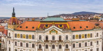 Panoramic view of Megyehaza building in Pecs, Hungary-stock-photo